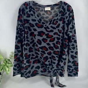 New Boutique Animal Print Front Tie V-Neck Top